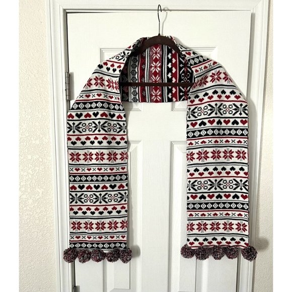Talbots Nordic Reversible Scarf Snowflakes Hearts POM POMs Fair Isle Apres Ski - Picture 2 of 7